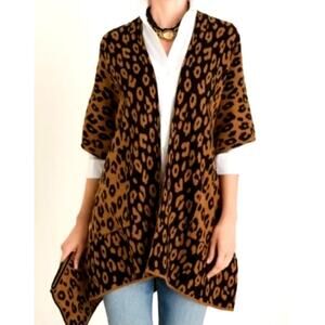 Chico's Animal Print Jacquard Ruana Shawl Sweater w/ Matching Bag | Size L/XL